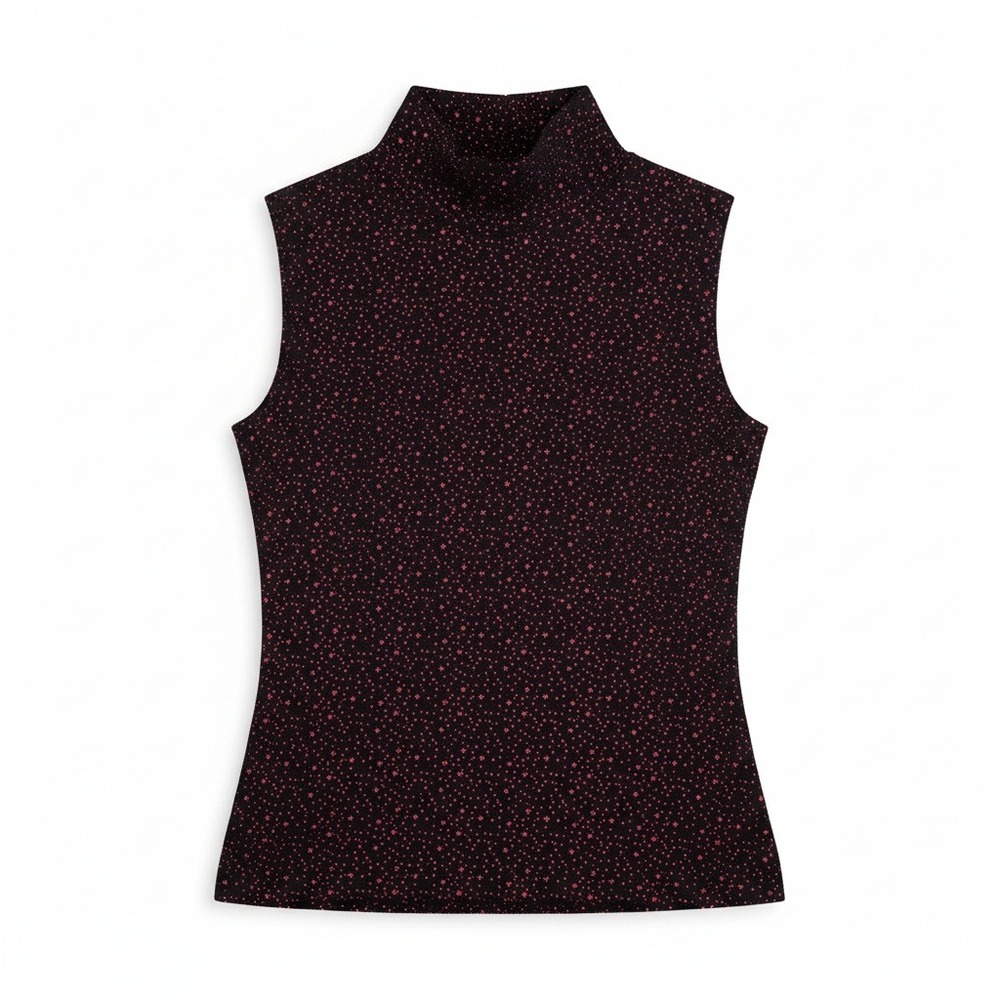 Tape Measure Mock Neck Sleeveless Glitter Black Red‎ Top. Woman's Small